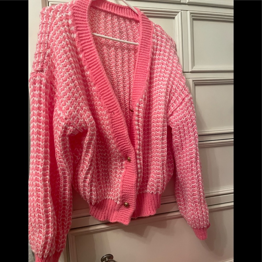 Pink and White Sweater with Gold Accessories